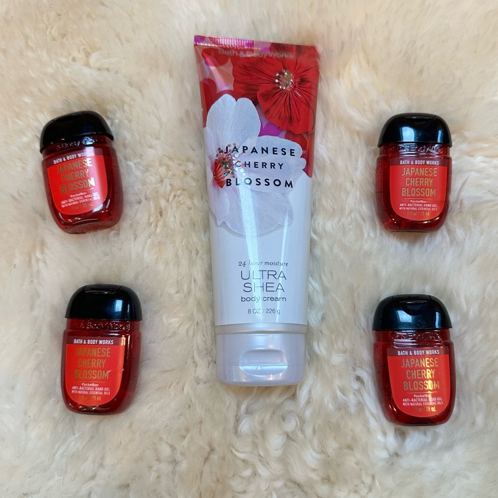 Bath & Body Works Japanese Cherry Blossom Body Cream & 4 Hand Sanitizers Bundle